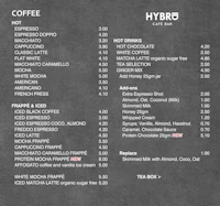 the menu for hybrid coffee