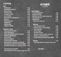 the menu for hybrid coffee