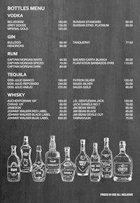 a chalkboard menu with bottles of liquor on it