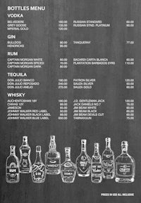 a chalkboard menu with bottles of liquor on it