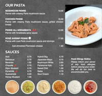 a menu for a restaurant with pasta and sauces