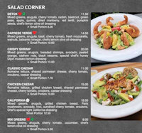 a menu for a restaurant with a variety of salads