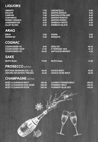 a chalkboard menu with a bottle of wine and a bottle of champagne