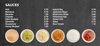 a menu with a variety of sauces on it