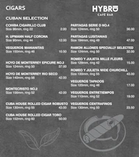 the menu for hybrid cigars