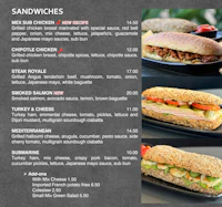 the menu for a sandwich shop is shown on a black background