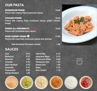 a menu for a restaurant with pasta and sauces