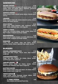 a menu with sandwiches and fries on a black background