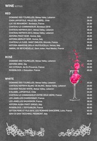 a wine menu with a pink wine glass