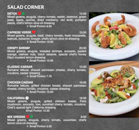 a menu for a restaurant with a variety of salads