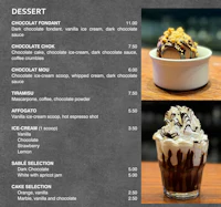 a menu with a variety of desserts on it