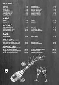 a chalkboard menu with a bottle of wine and a bottle of champagne