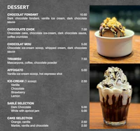 a menu with a variety of desserts on it